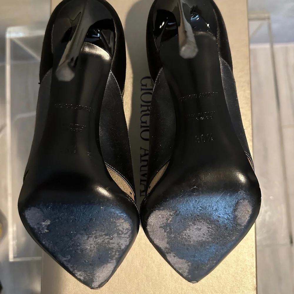 GIORGIO ARMANI Black, Gray, Satin, Mesh & Rhinestone Formal Heels - Size 6.5 - Picture 7 of 10